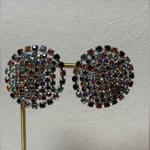 Vintage rhinestone multicolor crystal clip on earrings glow under black light